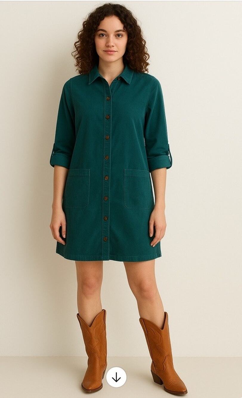 J Jill Corduroy Shift Dress PXS Teal Roll tab Sleeves Soft Cozy Fall Winter